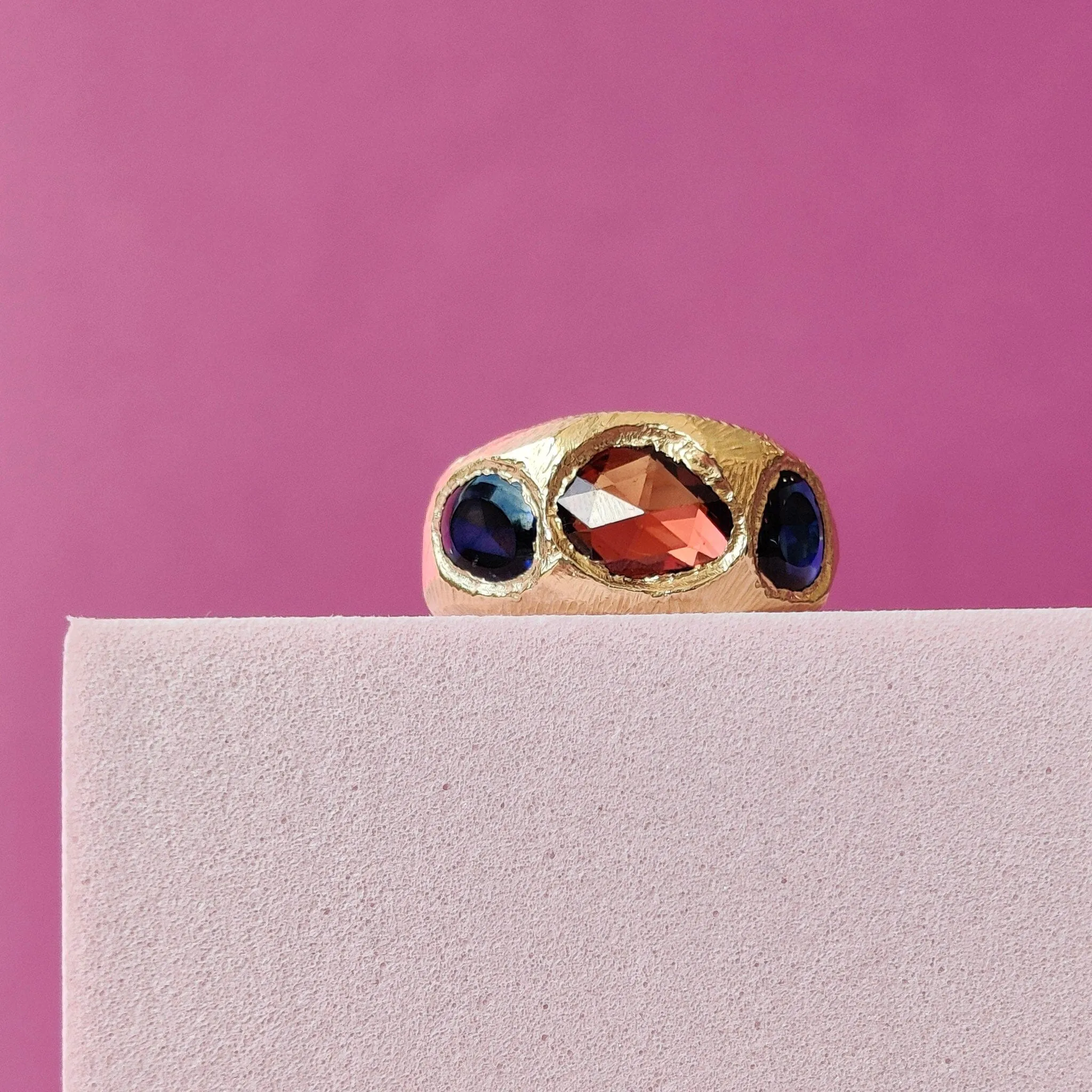 18K Three Stone Ring in Maroon and Dark Blue Sapphire