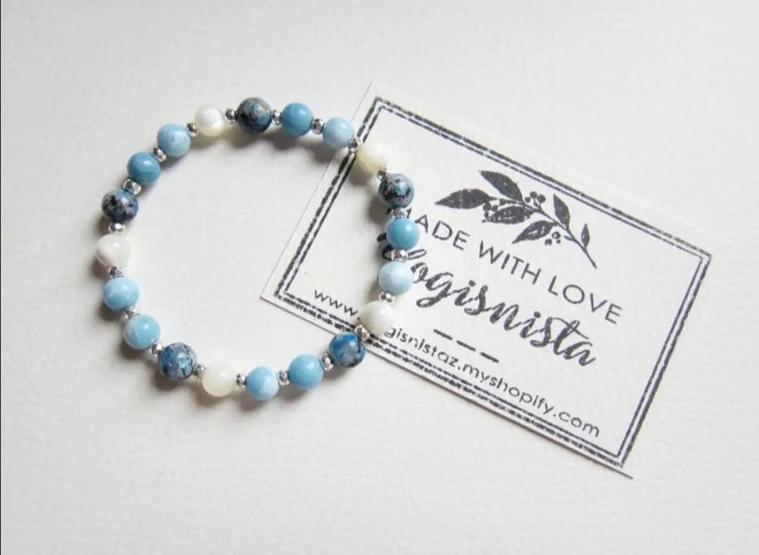 2 piece set - Larimar, Snowflake Obsidian, Hematite Bracelet - Throat and Third Eye Chakra