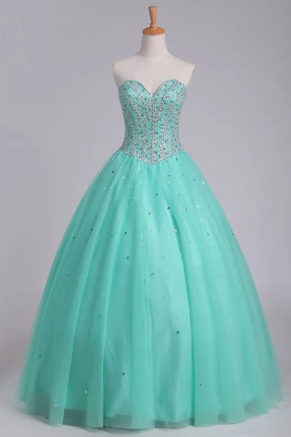 2024 Ball Gown Sweetheart Tulle Quinceanera Dresses Floor Length Lace P2MKNYYG