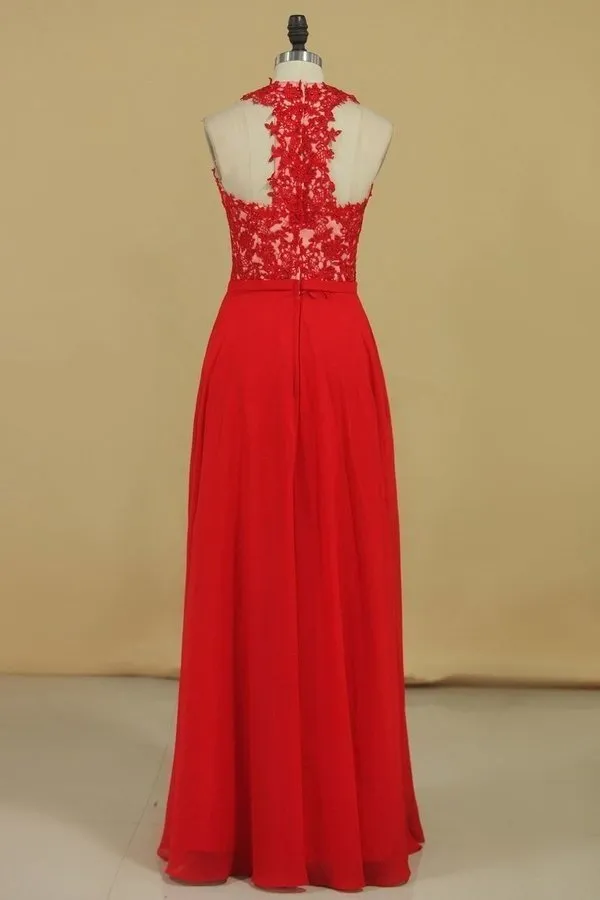 2024 New Arrival V Neck Prom Dresses A Line Chiffon With Applique And Beads Floor PMQSNAXG