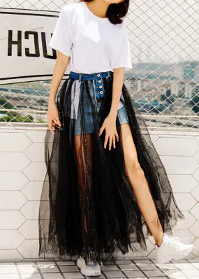 2024 New Black Tulle Patchwork Denim Skirt For Summer QQ1039