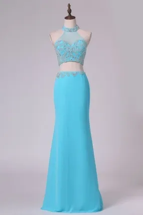 2024 Prom Dresses High Neck Chiffon Spandex With Beading P1YMT5KL