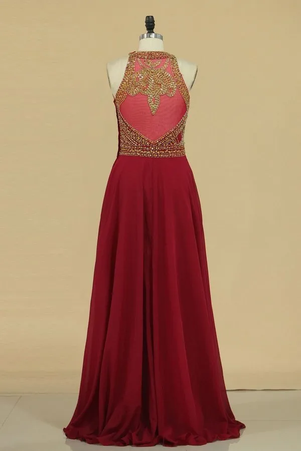 2024 Prom Dresses Scoop A Line Chiffon With Beads Floor PH3JXNAZ