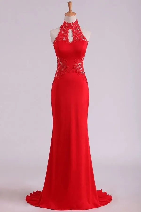 2024 Red High Neck Open Back Prom Dresses With Applique Sweep PA75B5ZT