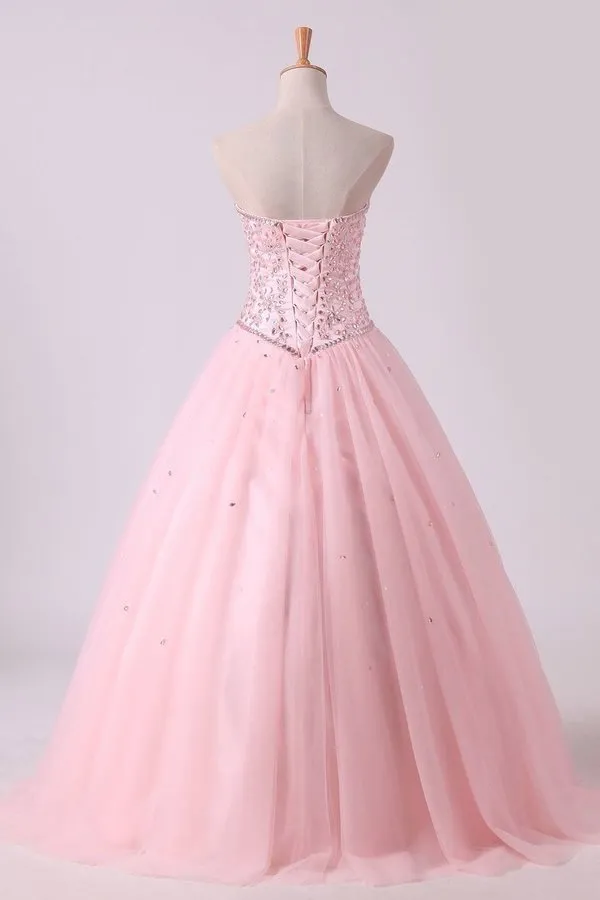 2024 Sweetheart Ball Gown Quinceanera Dresses Tulle With Beads PZF17LCQ