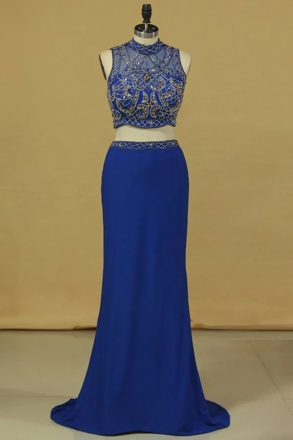 2024 Two Pieces Column Prom Dresses High Neck With P8XQCQGS