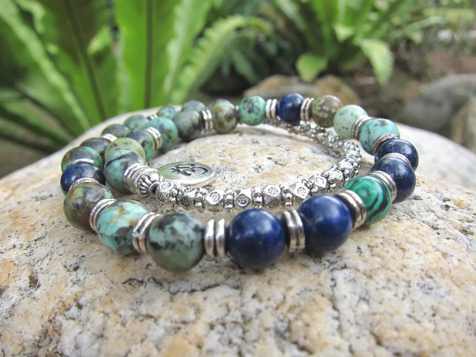 27 Bead Mala Bracelet in African Turquoise, Lapis Lazuli w/ OM Charm