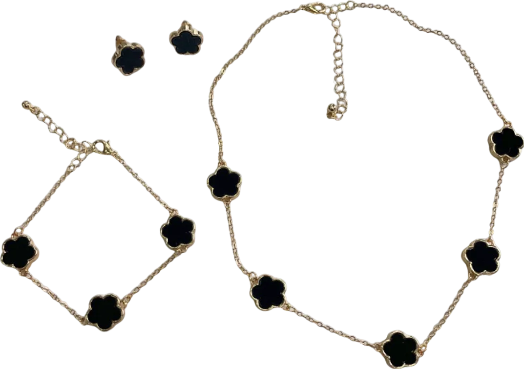 3-Piece Black Clover Necklace/Earrings/Bracelet Set