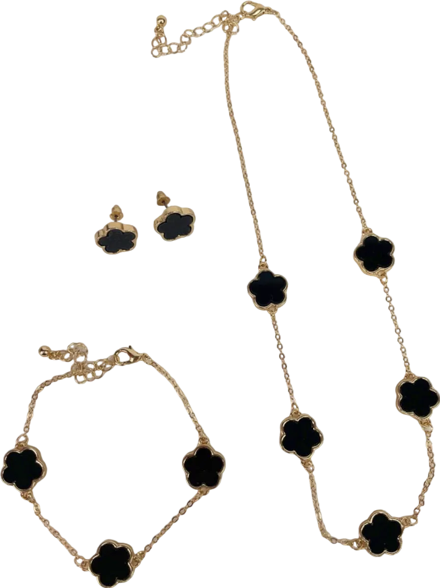 3-Piece Black Clover Necklace/Earrings/Bracelet Set