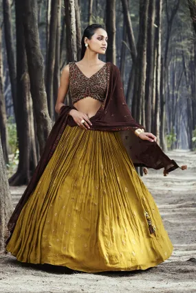 310066 Dark Brown and Mustard Embroidered Lehenga with Dupatta