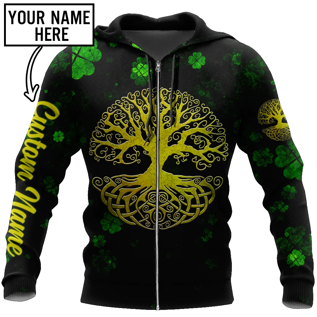 3D All Over Print Irish Tree Of Life Golden, Custom Name St Patrick's Day Pattern Shamrock 3D Shirt