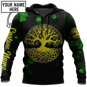 3D All Over Print Irish Tree Of Life Golden, Custom Name St Patrick's Day Pattern Shamrock 3D Shirt