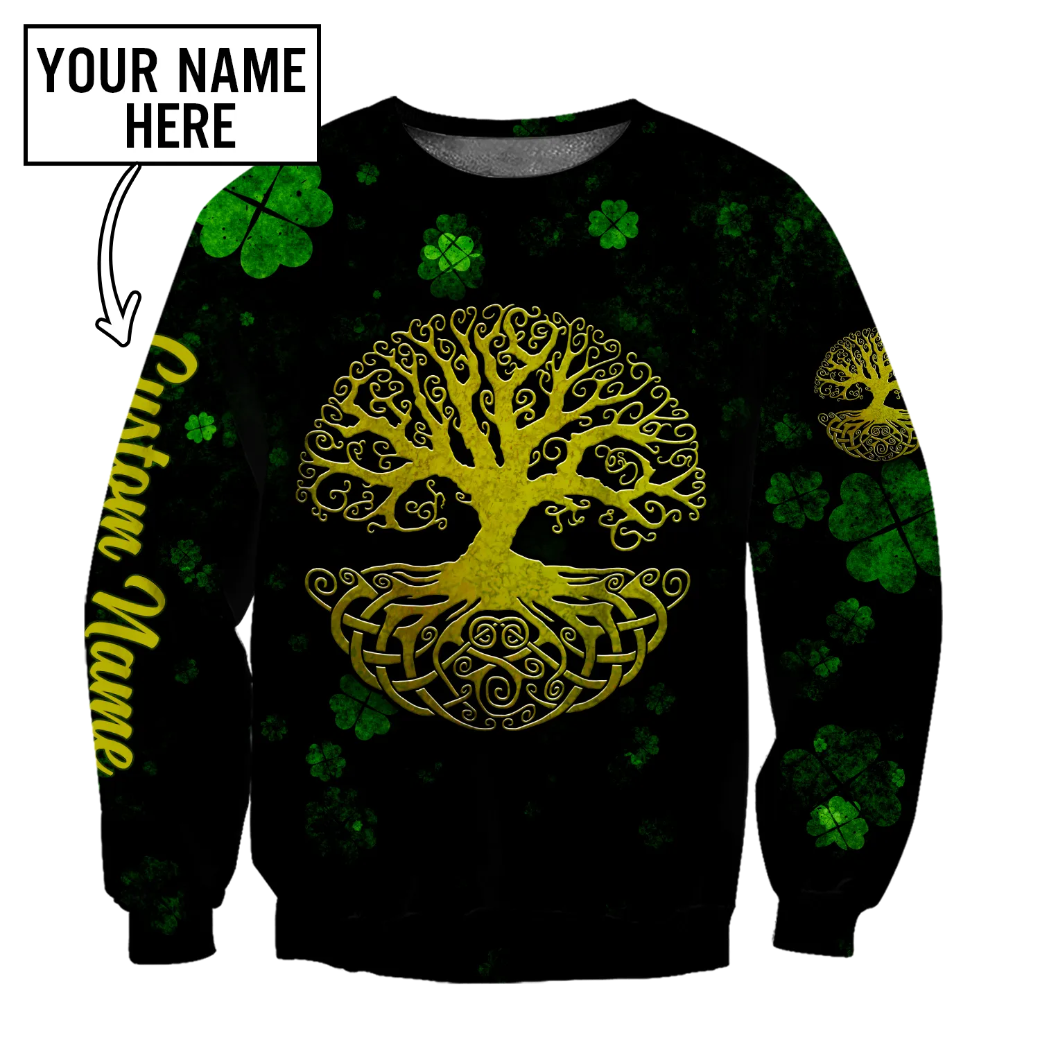 3D All Over Print Irish Tree Of Life Golden, Custom Name St Patrick's Day Pattern Shamrock 3D Shirt