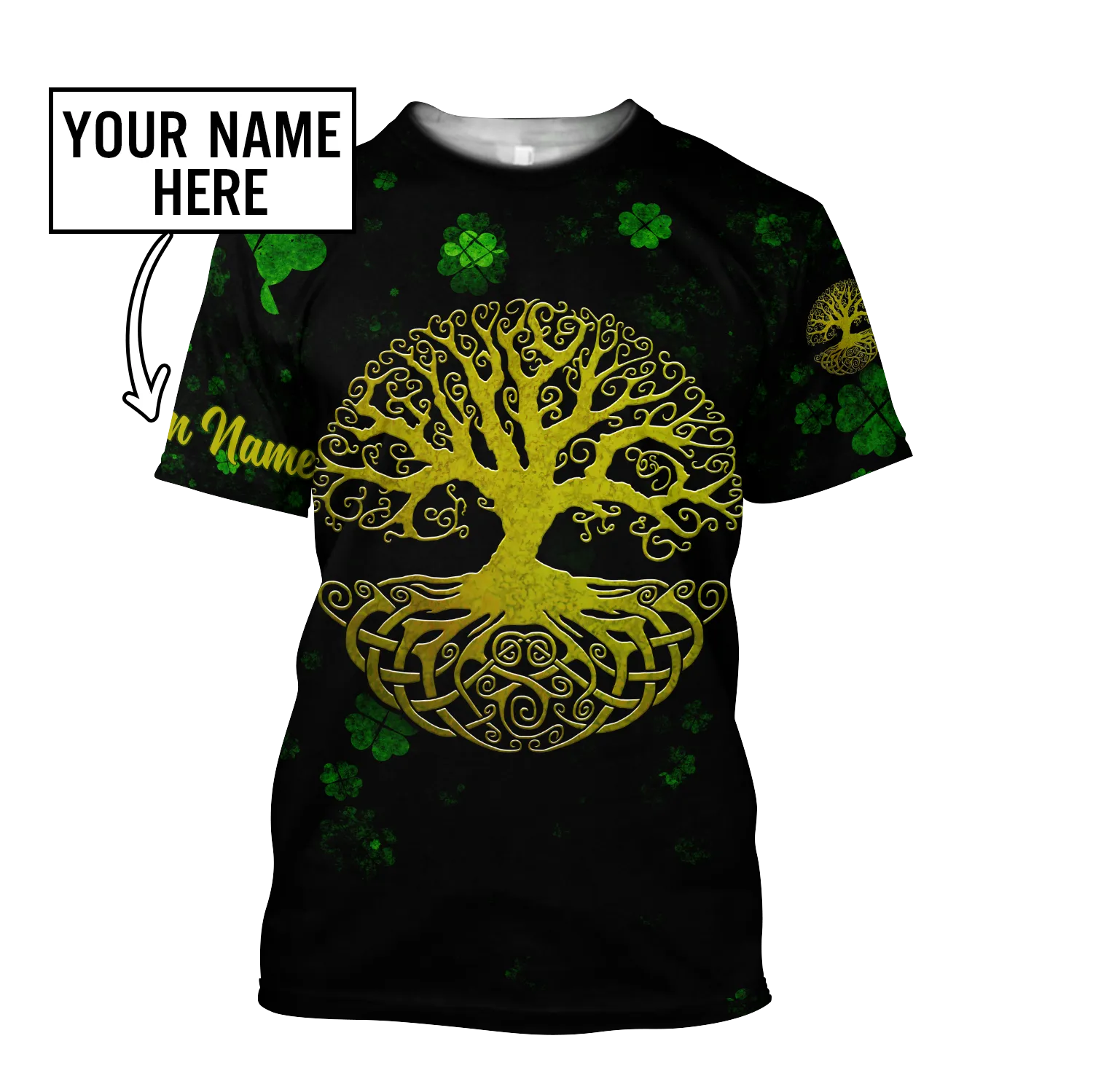 3D All Over Print Irish Tree Of Life Golden, Custom Name St Patrick's Day Pattern Shamrock 3D Shirt