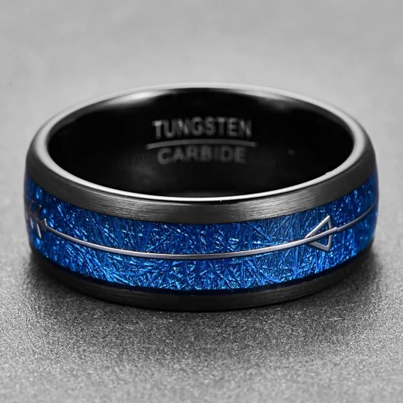 8mm Silver Arrow-Shaped Tungsten Carbide with Inlaid Blue Meteorite Wedding Band