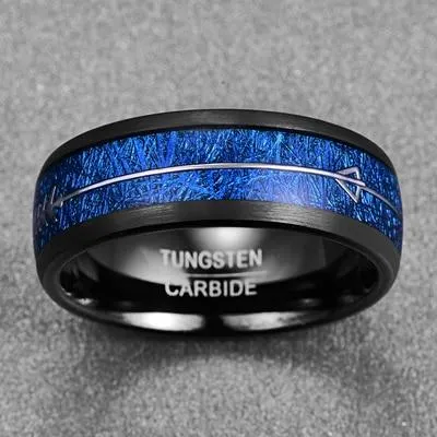 8mm Silver Arrow-Shaped Tungsten Carbide with Inlaid Blue Meteorite Wedding Band