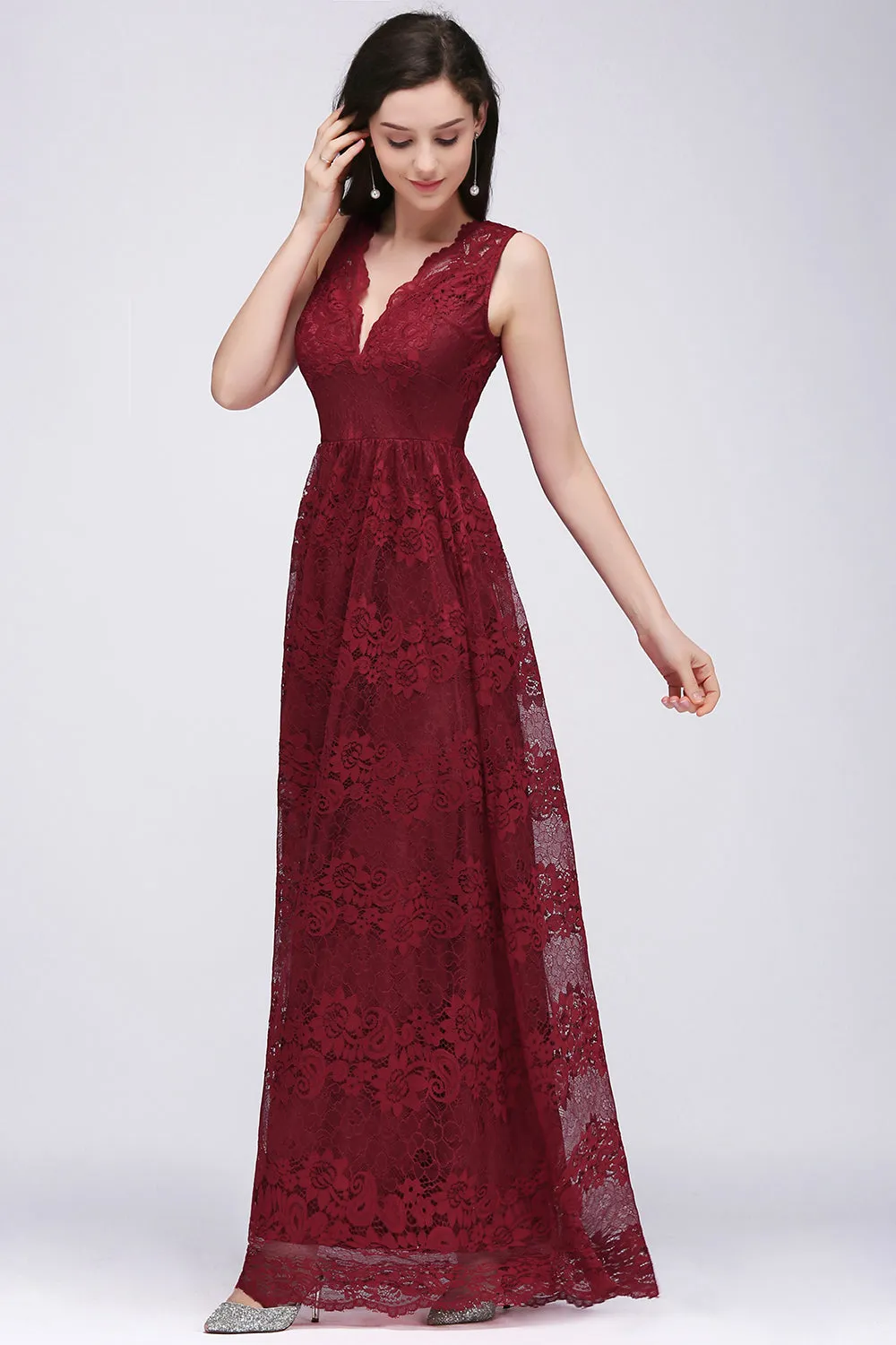 A-Line Lace V-Neck Sleeveless Long Bridesmaid Dresses