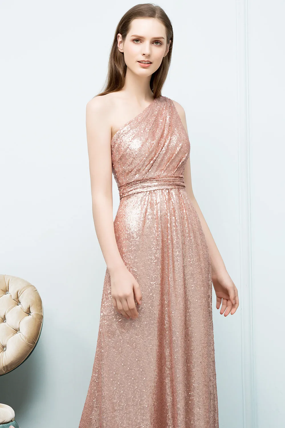 A-line Sequined One-shoulder Sleeveless Long Bridesmaid Dresses