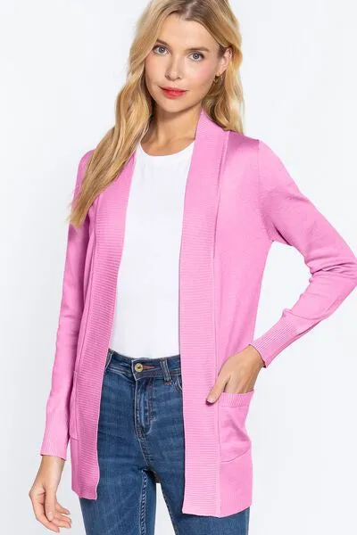 ACTIVE BASIC Ribbed Trim Open Front Cardigan