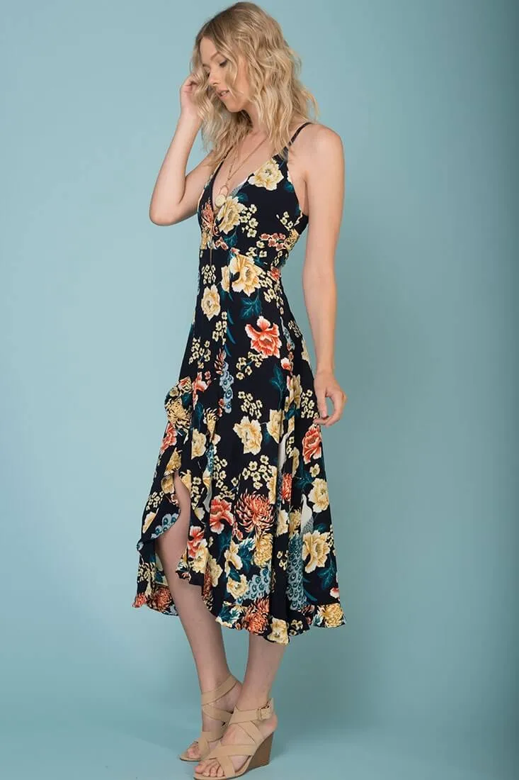 Adalynn Hi Low Deep V Floral Midi Dress Navy