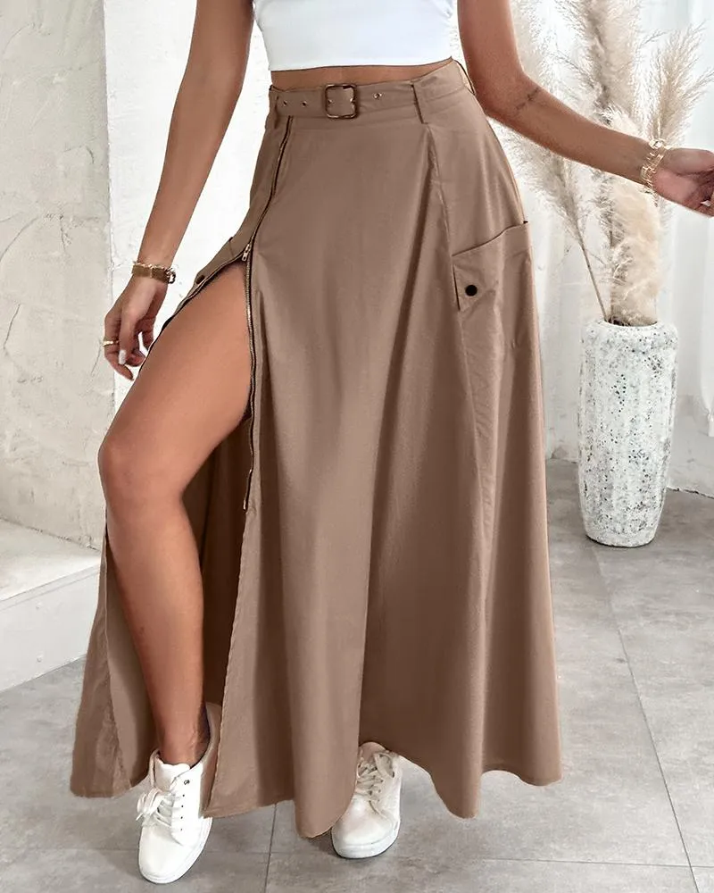 Adjustable Waistbelt Zipper High Slit Maxi A line Skirt