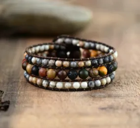 African Opal, Onyx, Jasper Beaded Cuff Bracelet