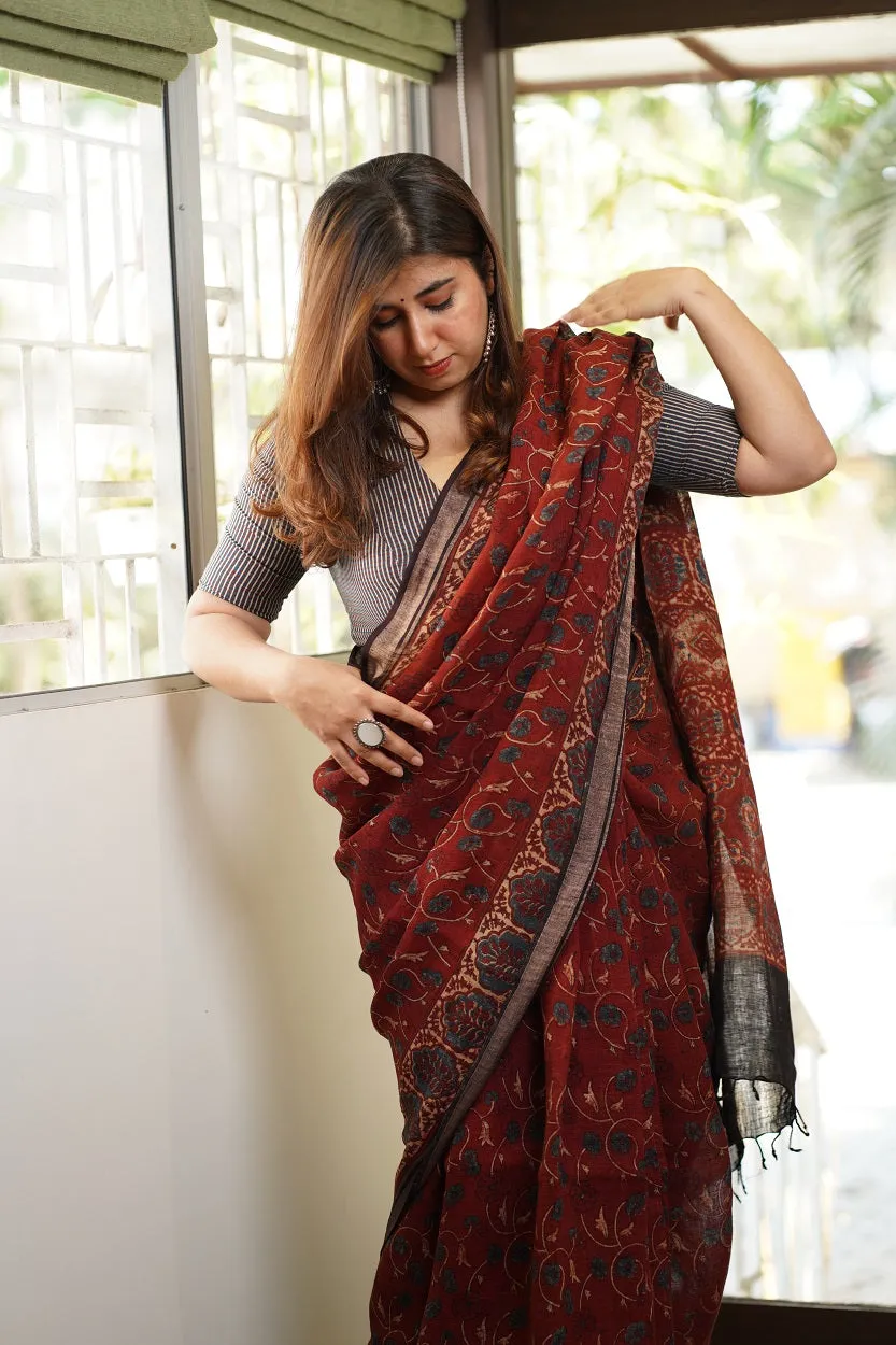 Ajrakh Hand Block Printed Linen Saree