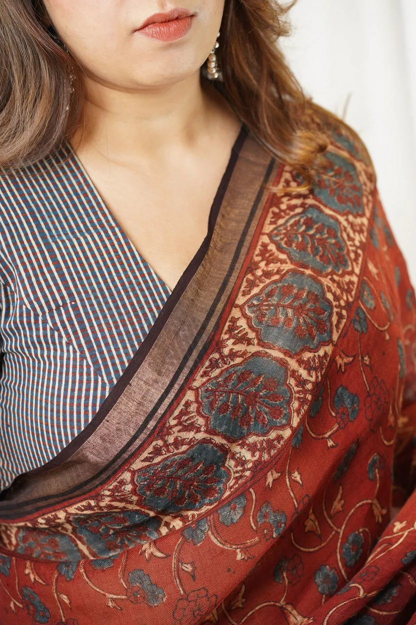 Ajrakh Hand Block Printed Linen Saree