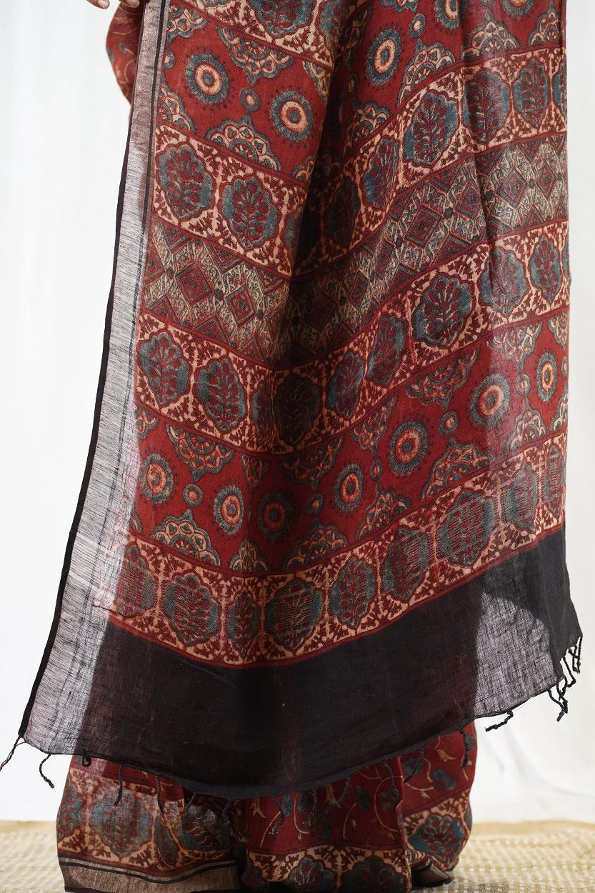 Ajrakh Hand Block Printed Linen Saree