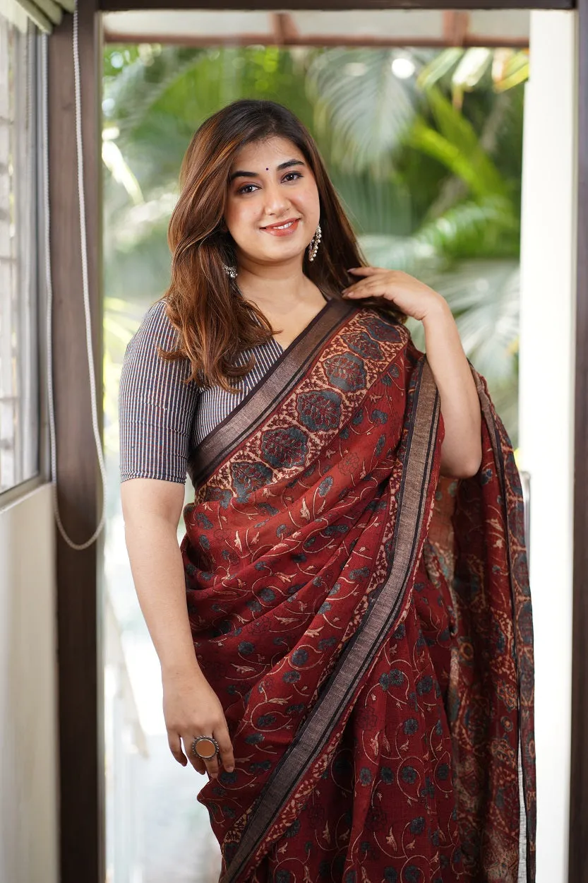 Ajrakh Hand Block Printed Linen Saree