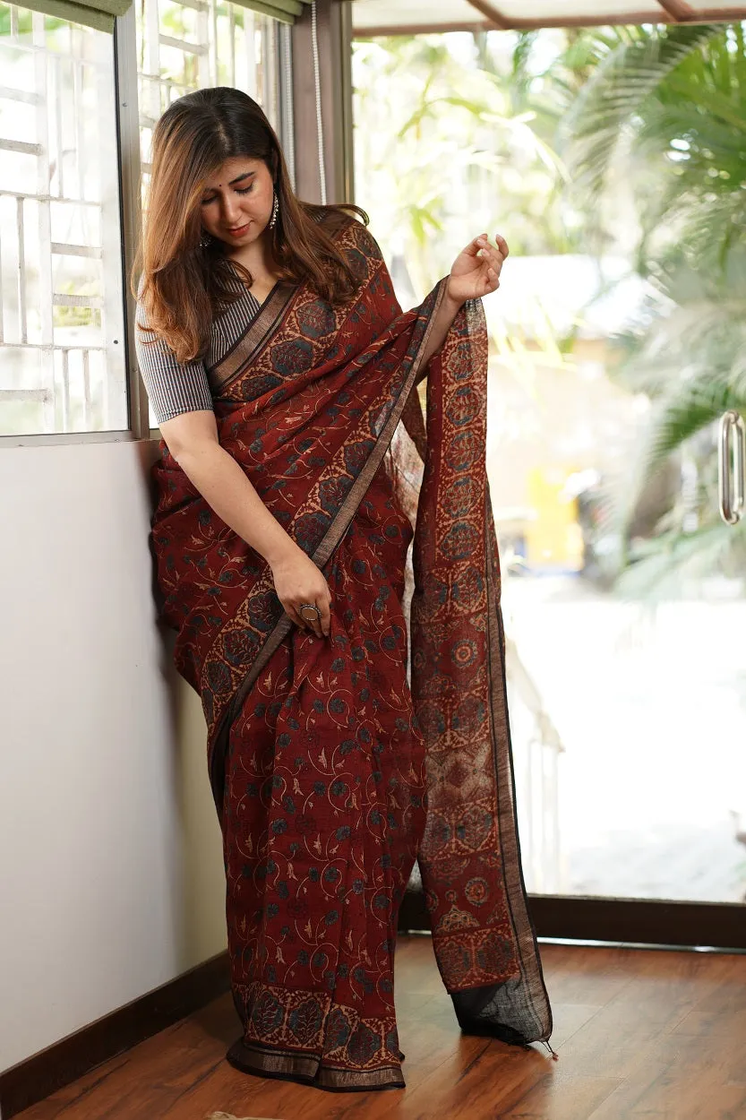 Ajrakh Hand Block Printed Linen Saree