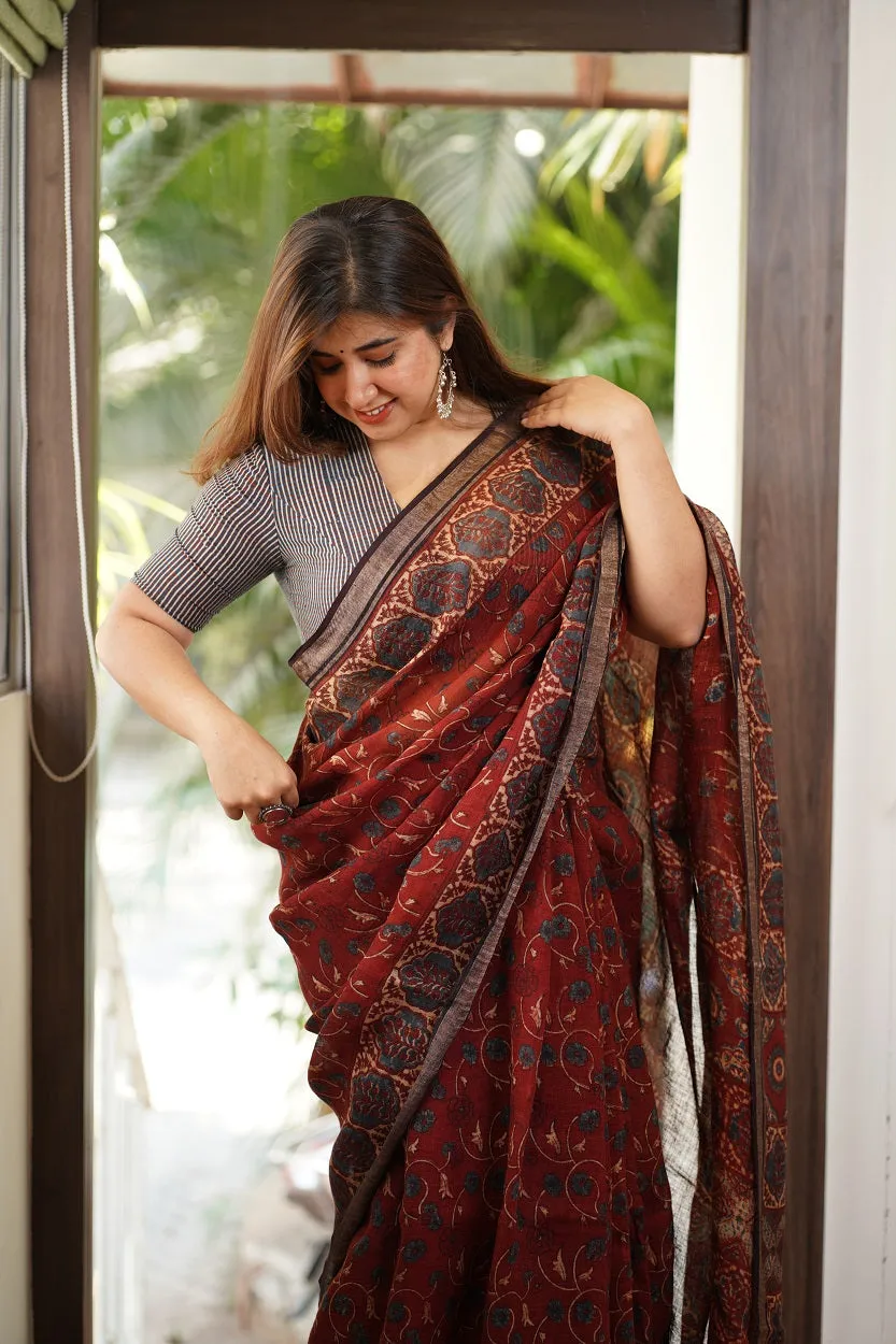 Ajrakh Hand Block Printed Linen Saree