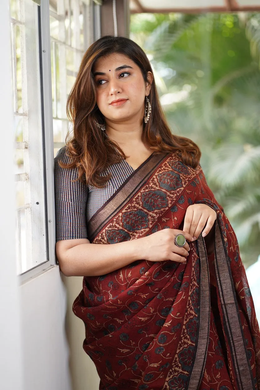 Ajrakh Hand Block Printed Linen Saree