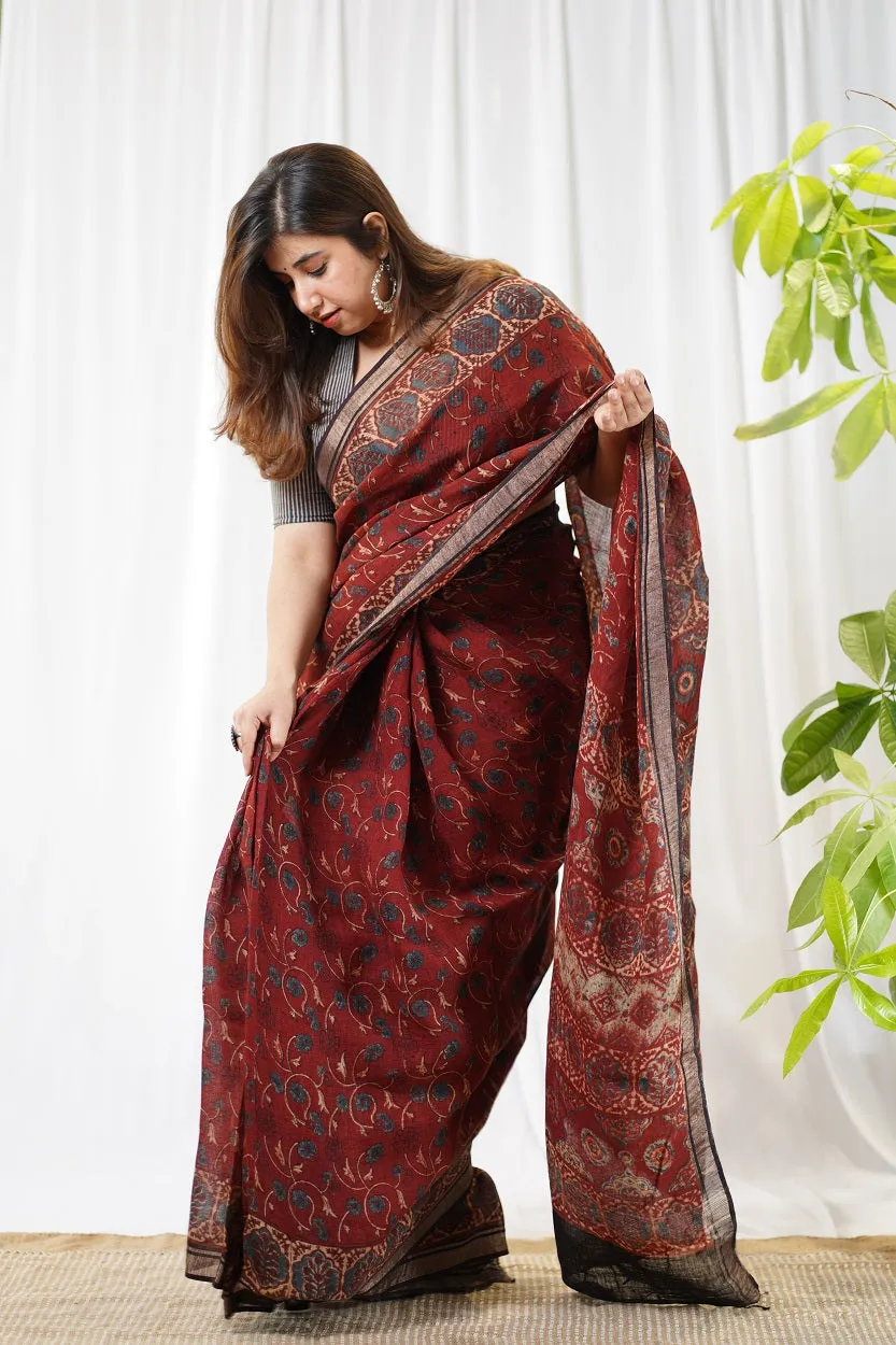 Ajrakh Hand Block Printed Linen Saree