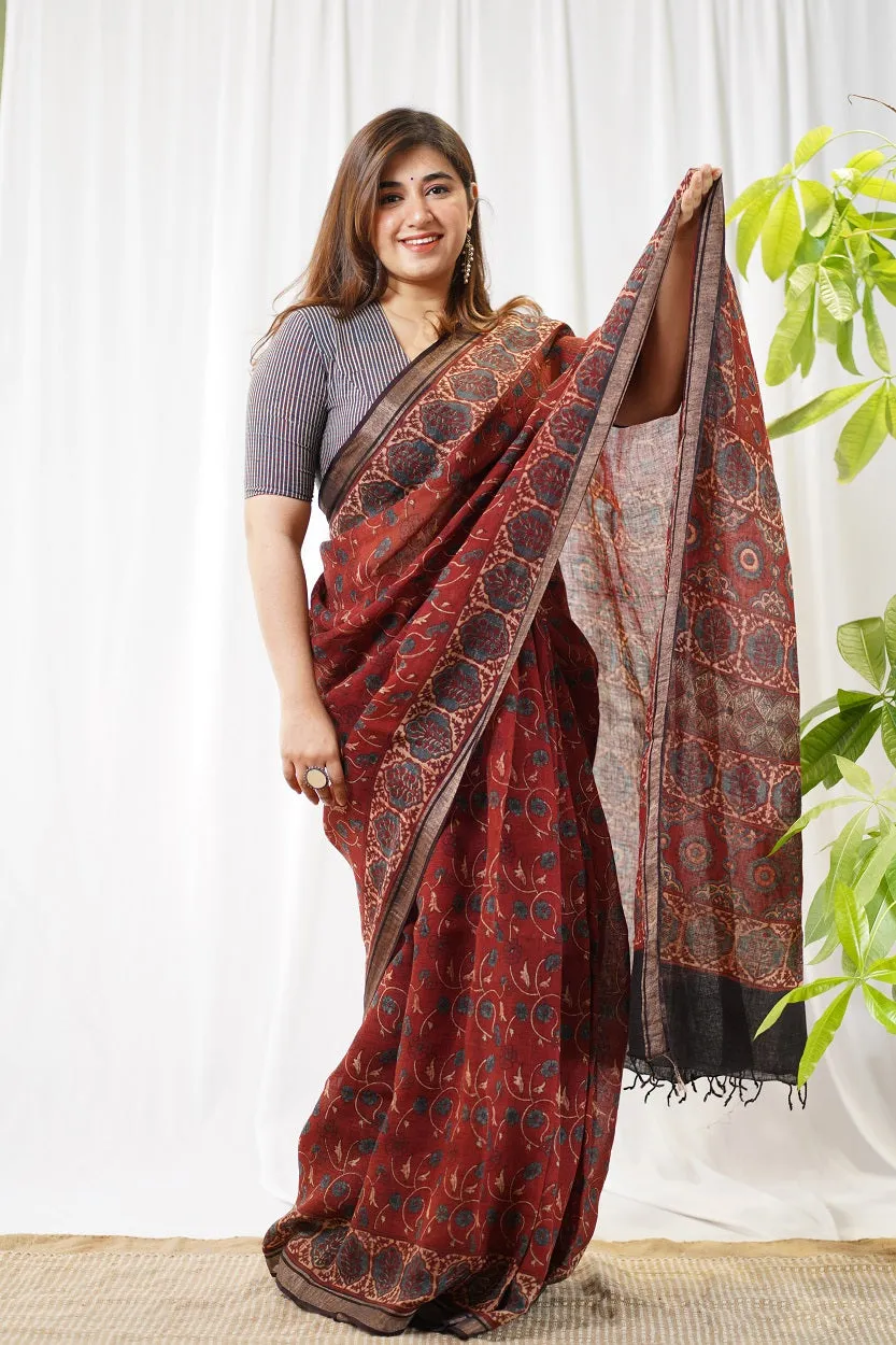 Ajrakh Hand Block Printed Linen Saree