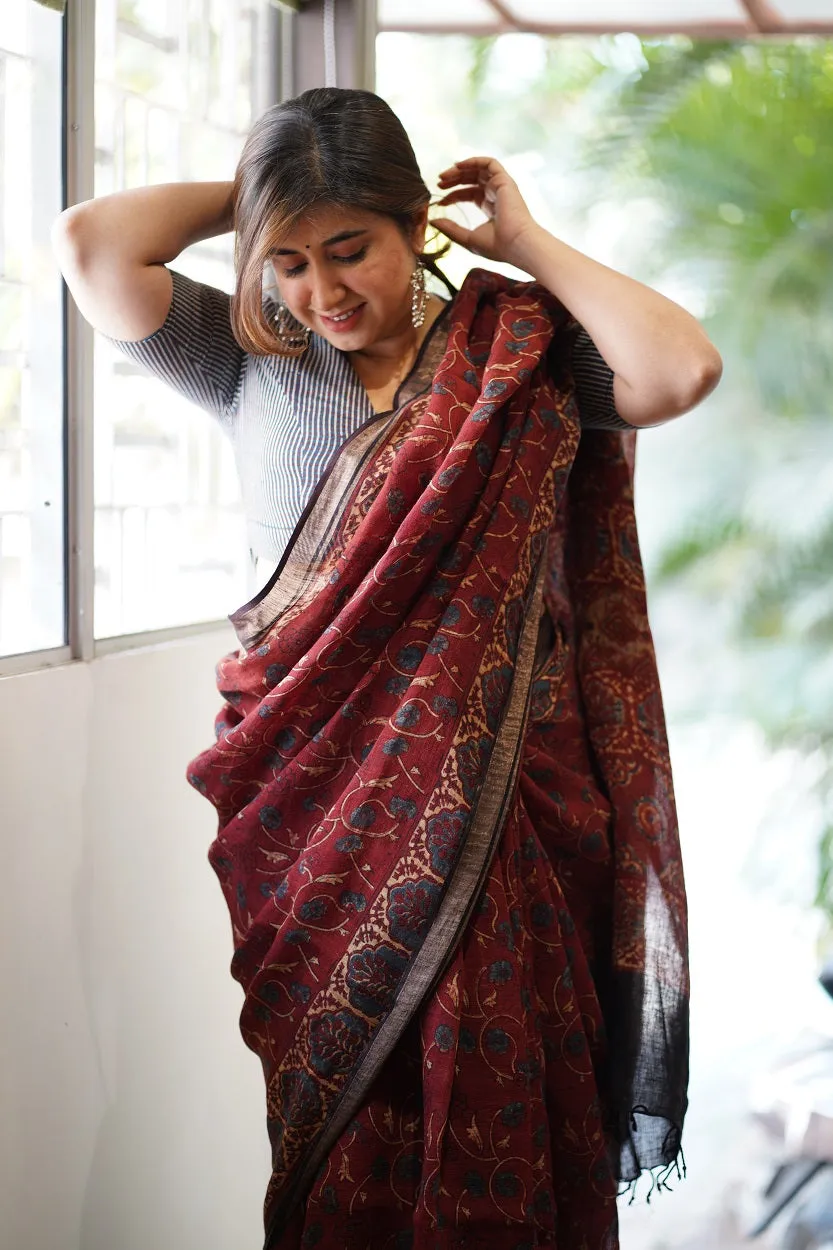 Ajrakh Hand Block Printed Linen Saree