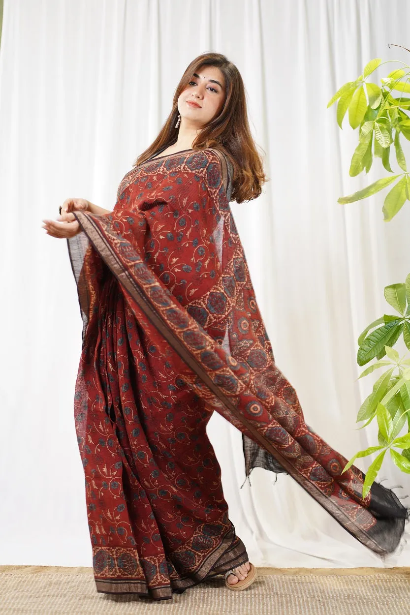 Ajrakh Hand Block Printed Linen Saree