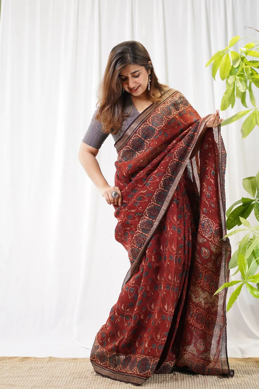 Ajrakh Hand Block Printed Linen Saree