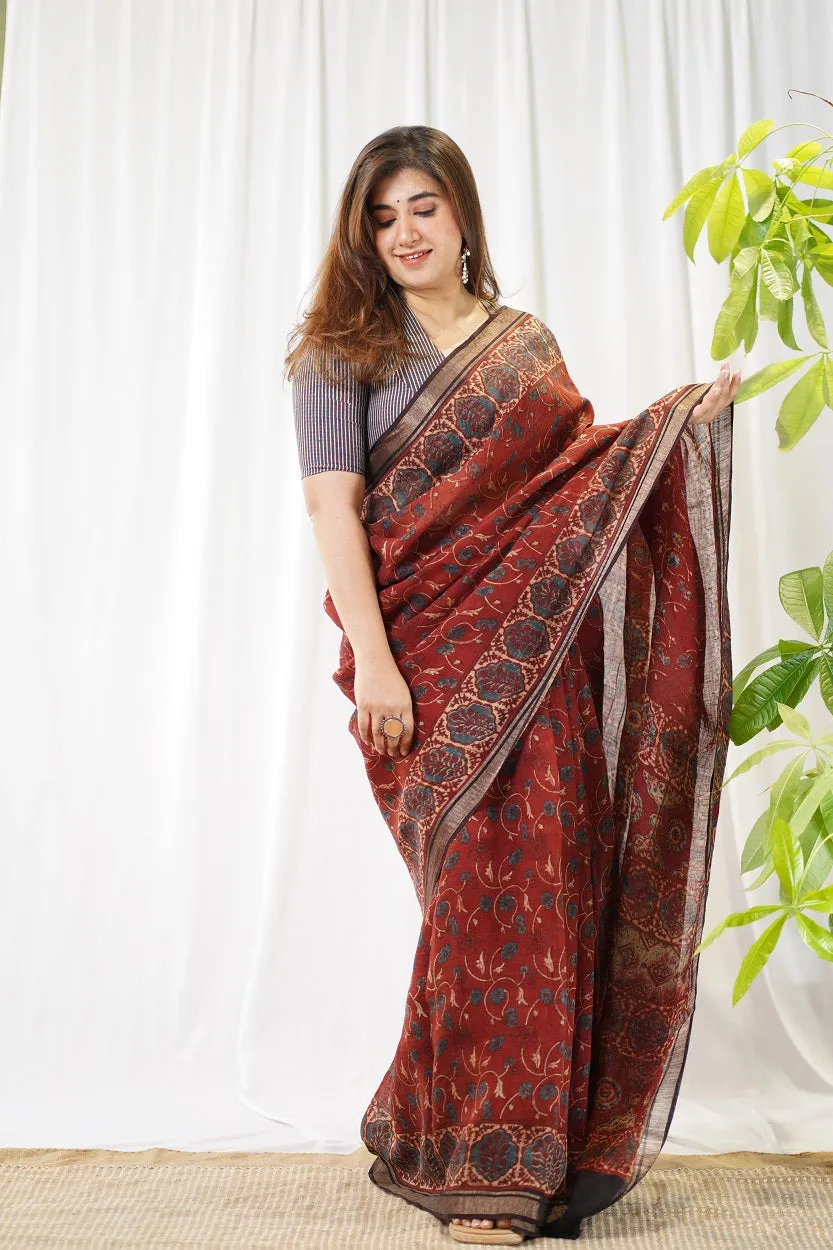 Ajrakh Hand Block Printed Linen Saree