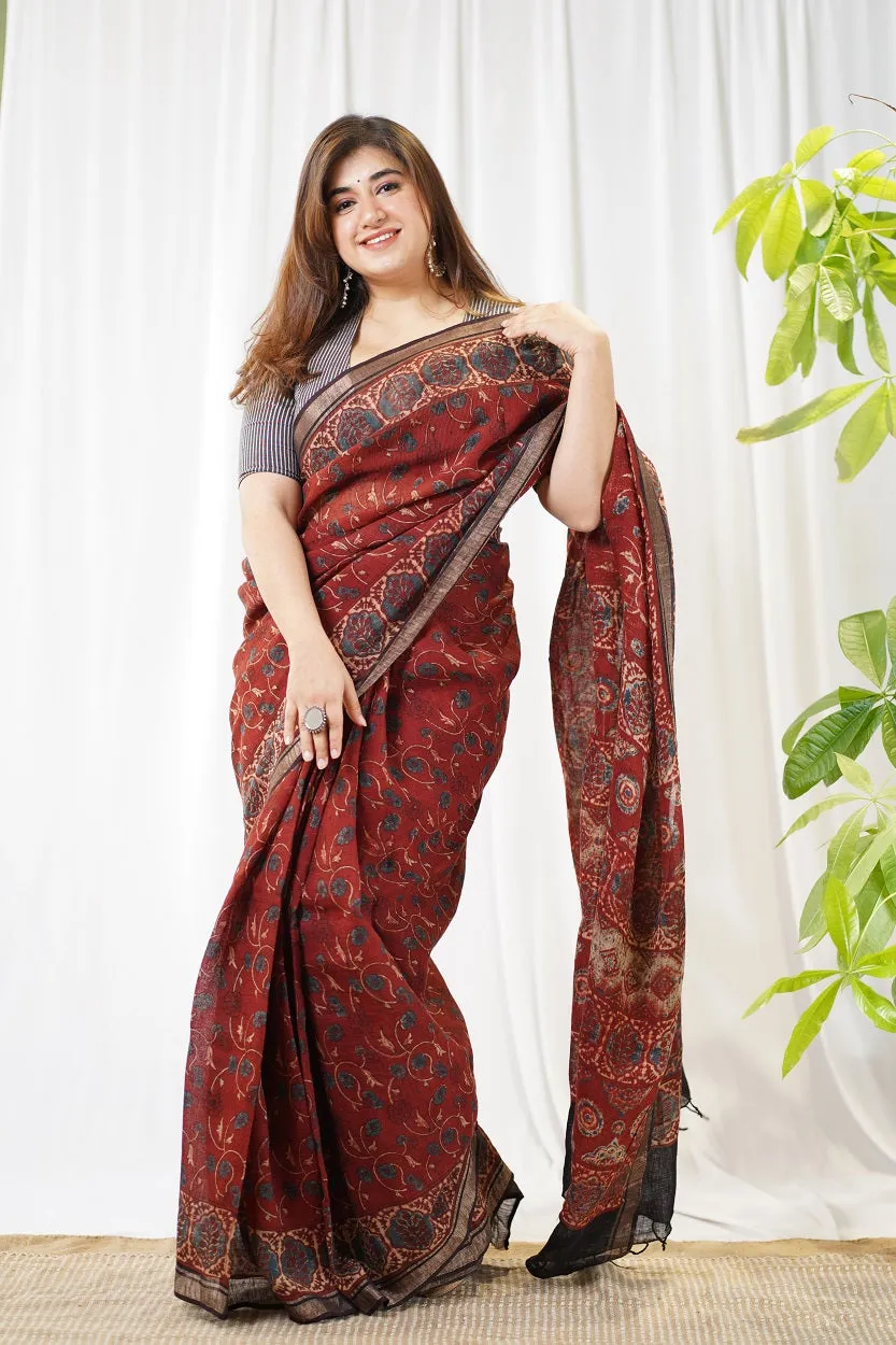 Ajrakh Hand Block Printed Linen Saree