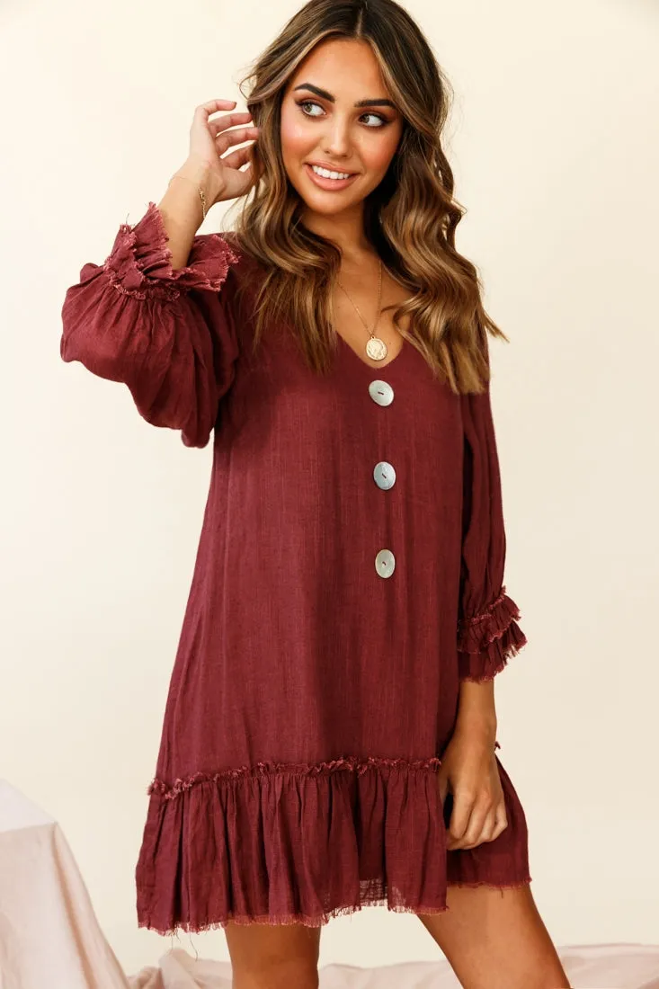 Amala Balloon Sleeve Button Detail Linen Dress Maroon