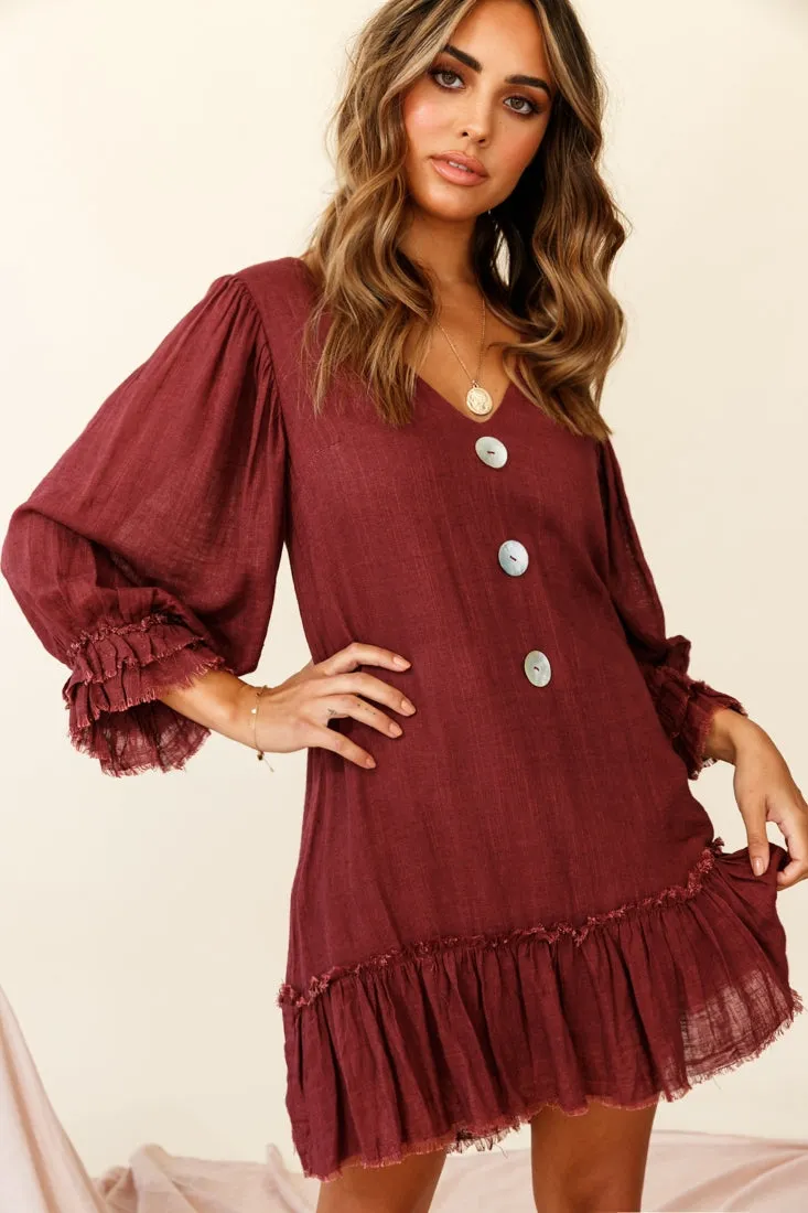 Amala Balloon Sleeve Button Detail Linen Dress Maroon