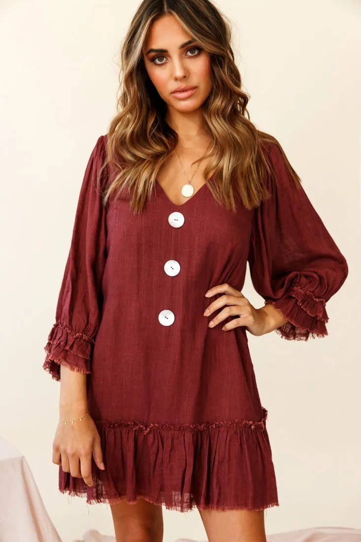 Amala Balloon Sleeve Button Detail Linen Dress Maroon