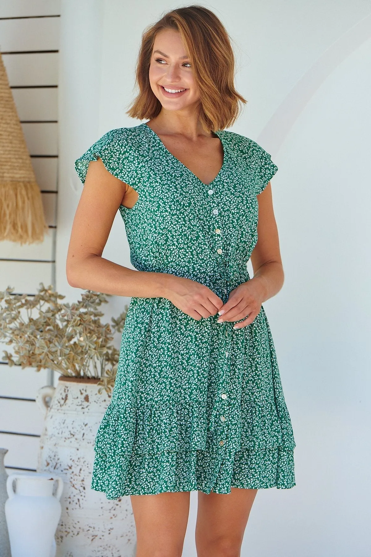 Amerella Button Green Floral Print Summer Dress