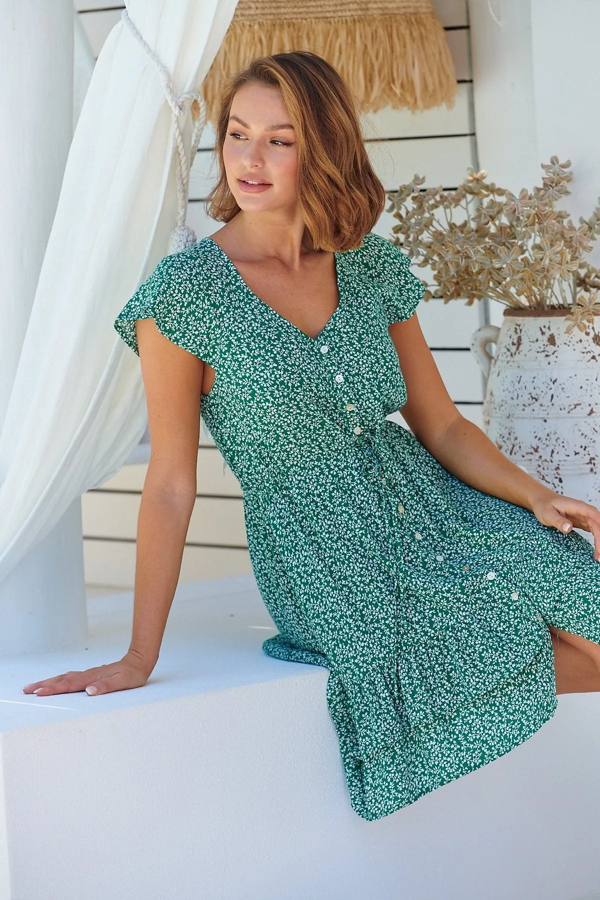 Amerella Button Green Floral Print Summer Dress