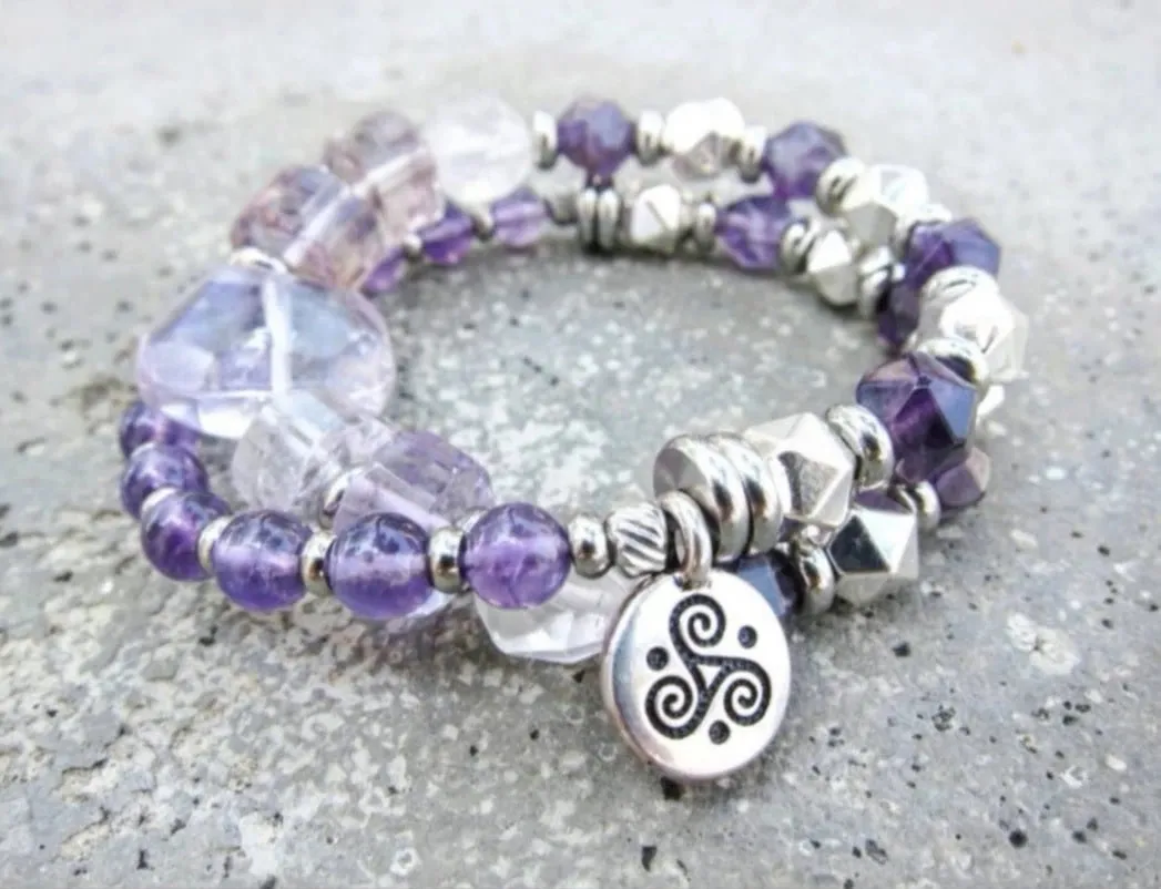 Ametrine, Amethyst and Silver Hematite Mala Bracelet - Calming, Protection, Grounding