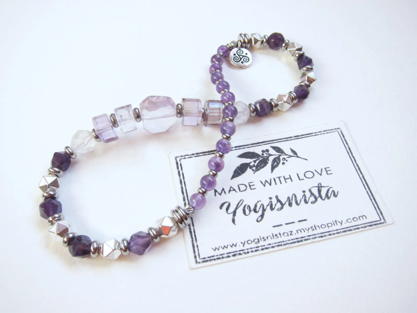 Ametrine, Amethyst and Silver Hematite Mala Bracelet - Calming, Protection, Grounding