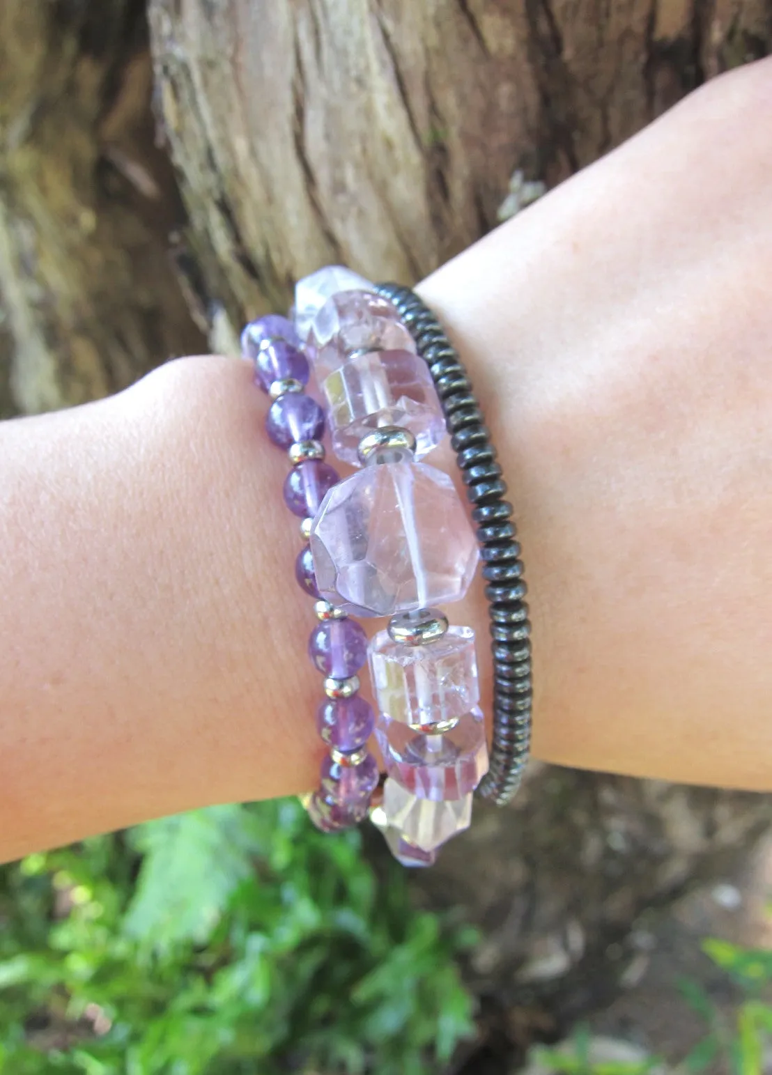 Ametrine, Amethyst and Silver Hematite Mala Bracelet - Calming, Protection, Grounding