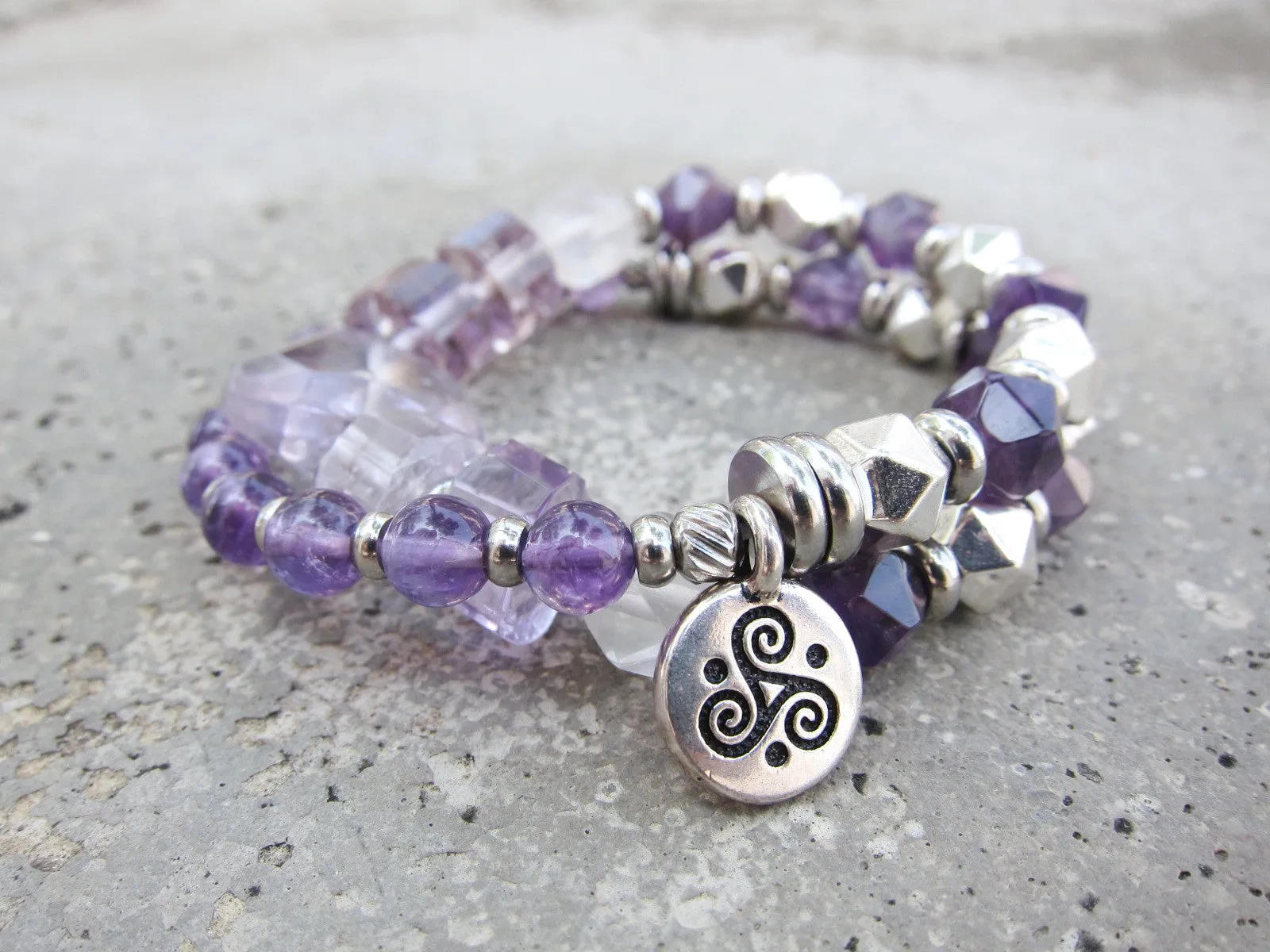 Ametrine, Amethyst and Silver Hematite Mala Bracelet - Calming, Protection, Grounding