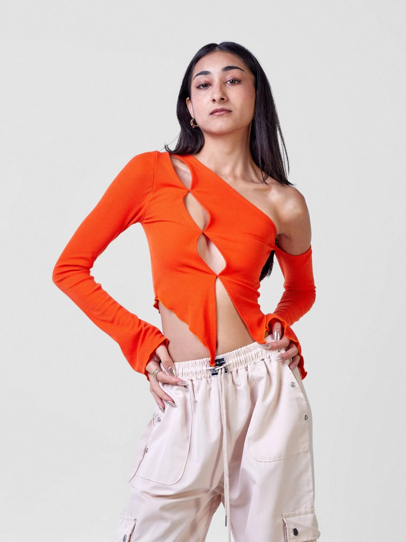 Anika Long Sleeved Asymmetrical Cutout Crop Top - Orange